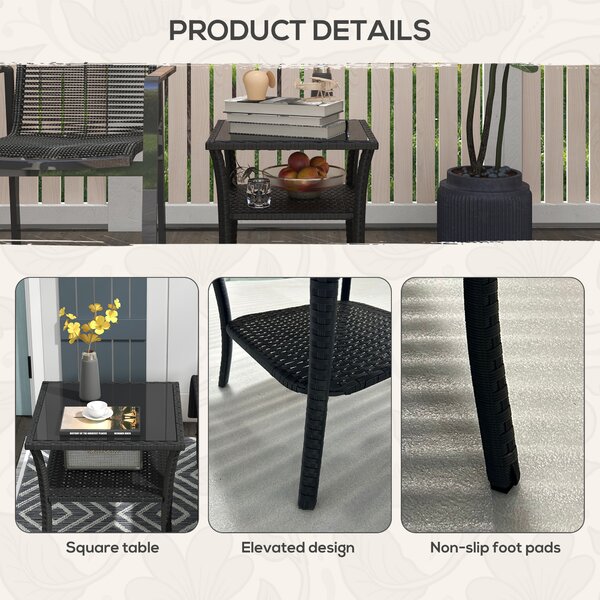 Outsunny Two-tier PE Rattan Square Coffee Table - Black
