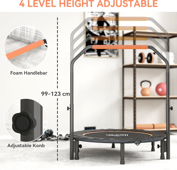 HOMCOM 45" Foldable Mini Fitness Trampoline, with Adjustable Foam Handle, Orange