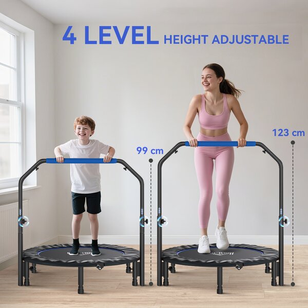 HOMCOM 45" Foldable Mini Fitness Trampoline, with Adjustable Foam Handle, Blue