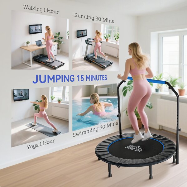 HOMCOM 48" Foldable Mini Fitness Trampoline, with Adjustable Foam Handle, Blue