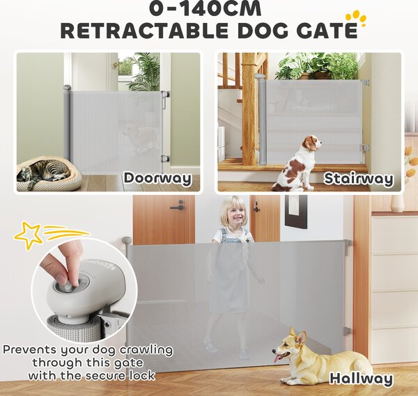 PawHut Retractable Stair Gate Extends Up to 140 cm Wide, Dog Gate for Doorways, Stairways, Hallways, Grey