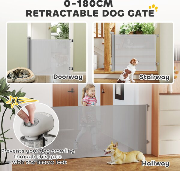 PawHut Retractable Stair Gate Extends Up to 180 cm Wide, Dog Gate for Doorways, Stairways, Hallways, Grey