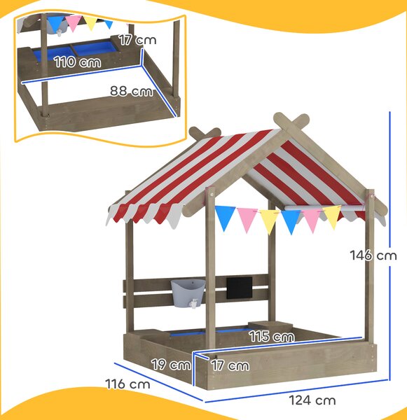 Outsunny House-Designed Wooden Sandbox, Outdoor Sandpit, with Blackboard, Toys, Sink, Seats, Flags, for Ages 3-7 Years - Grey
