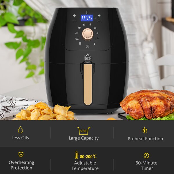 HOMCOM Air Fryer Deluxe: Digital 1700W 5.5L Rapid Air Circulation, Adjustable Temp, 60 Min Timer, Oil-Free Cooking, Black Aosom UK