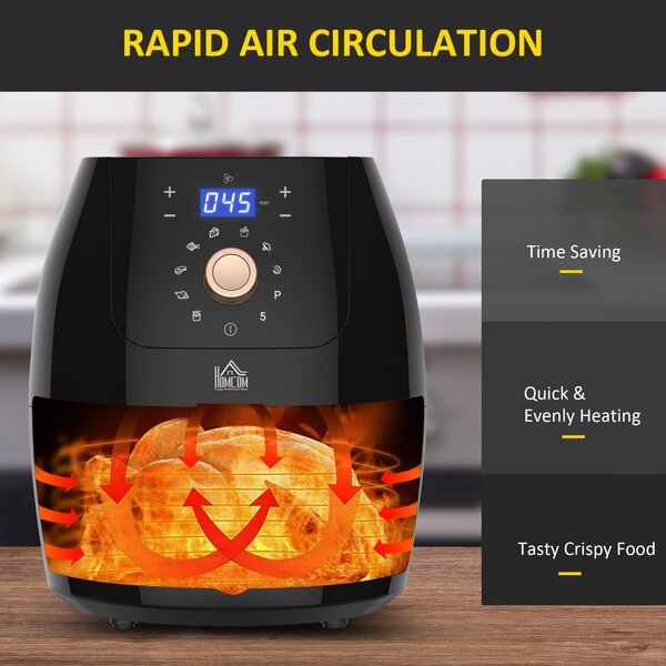 HOMCOM Air Fryer Deluxe: Digital 1700W 5.5L Rapid Air Circulation, Adjustable Temp, 60 Min Timer, Oil-Free Cooking, Black Aosom UK