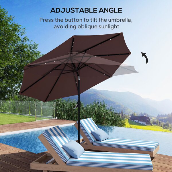 Outsunny Waterproof Umbrella Parasol 24 Solar LED-Brown/Coffee Aosom UK