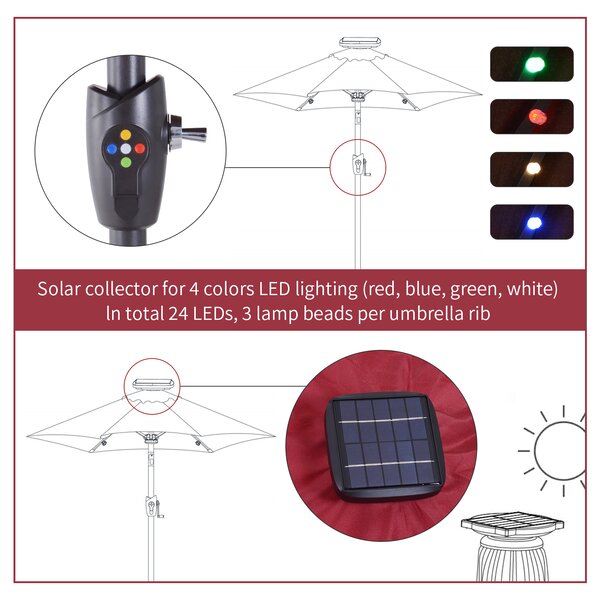 Outsunny Φ2.7m Garden 24 LED Light Parasol Solar Outdoor Tilt Sun Umbrella Patio Club Party Event Manual Sun Shade w/ Hand Crank and 8 Ribs Red
