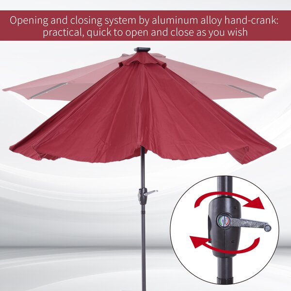Outsunny Φ2.7m Garden 24 LED Light Parasol Solar Outdoor Tilt Sun Umbrella Patio Club Party Event Manual Sun Shade w/ Hand Crank and 8 Ribs Red