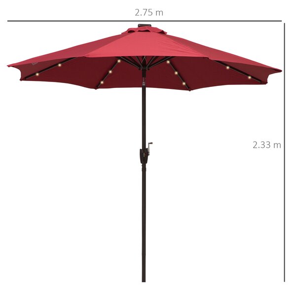 Outsunny Φ2.7m Garden 24 LED Light Parasol Solar Outdoor Tilt Sun Umbrella Patio Club Party Event Manual Sun Shade w/ Hand Crank and 8 Ribs Red