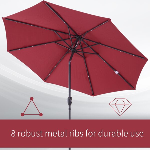 Outsunny Φ2.7m Garden 24 LED Light Parasol Solar Outdoor Tilt Sun Umbrella Patio Club Party Event Manual Sun Shade w/ Hand Crank and 8 Ribs Red