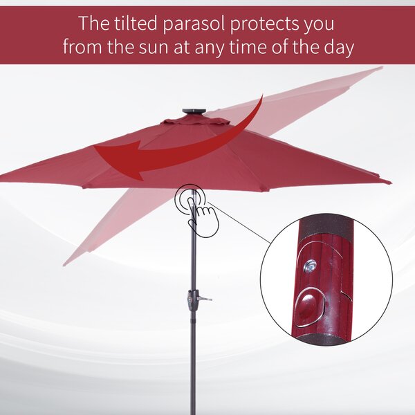 Outsunny Φ2.7m Garden 24 LED Light Parasol Solar Outdoor Tilt Sun Umbrella Patio Club Party Event Manual Sun Shade w/ Hand Crank and 8 Ribs Red