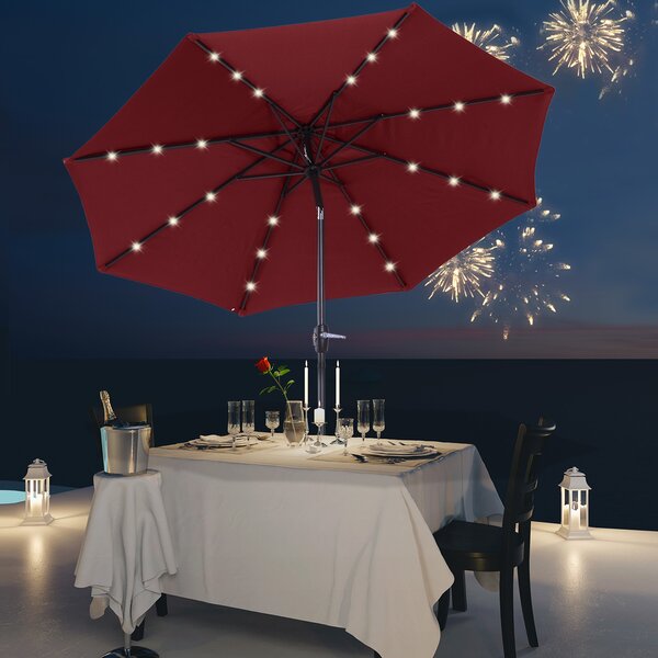 Outsunny Φ2.7m Garden 24 LED Light Parasol Solar Outdoor Tilt Sun Umbrella Patio Club Party Event Manual Sun Shade w/ Hand Crank and 8 Ribs Red