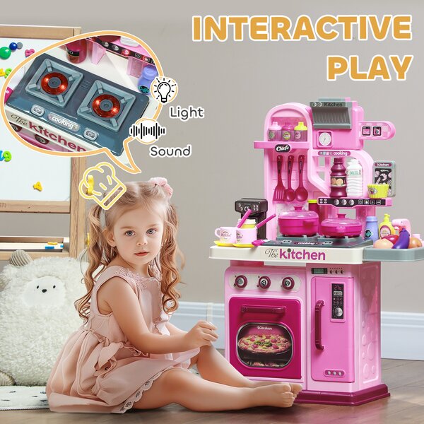 AIYAPLAY Kids Kitchen with 33 Piece Accessories, Lights, Sounds, Storage, for Children 3-6 Years, Pink Aosom UK