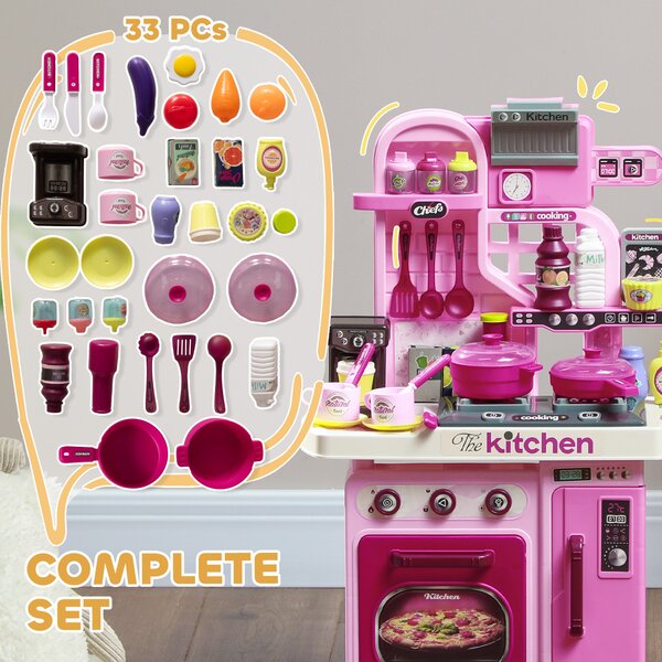 AIYAPLAY Kids Kitchen with 33 Piece Accessories, Lights, Sounds, Storage, for Children 3-6 Years, Pink Aosom UK