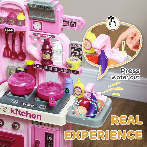 AIYAPLAY Kids Kitchen with 33 Piece Accessories, Lights, Sounds, Storage, for Children 3-6 Years, Pink Aosom UK