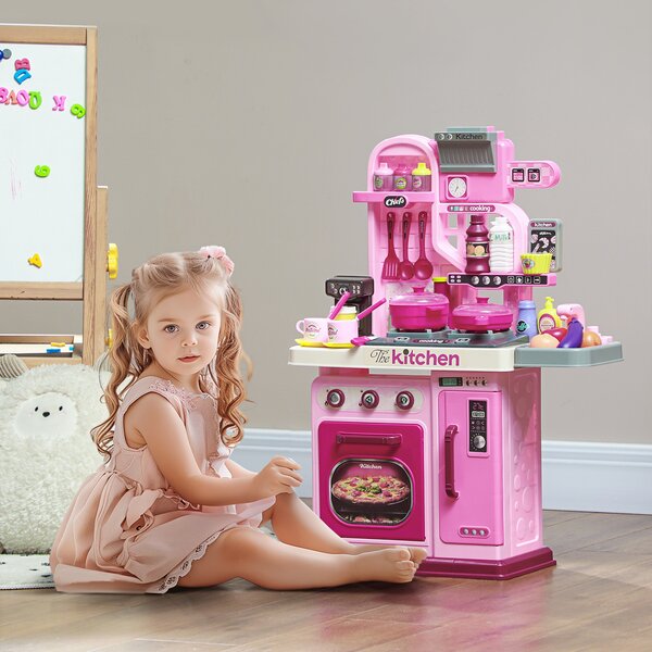 AIYAPLAY Kids Kitchen with 33 Piece Accessories, Lights, Sounds, Storage, for Children 3-6 Years, Pink Aosom UK