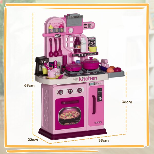 AIYAPLAY Kids Kitchen with 33 Piece Accessories, Lights, Sounds, Storage, for Children 3-6 Years, Pink Aosom UK