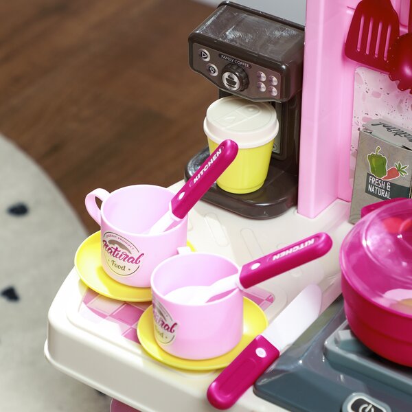 AIYAPLAY Kids Kitchen with 33 Piece Accessories, Lights, Sounds, Storage, for Children 3-6 Years, Pink Aosom UK