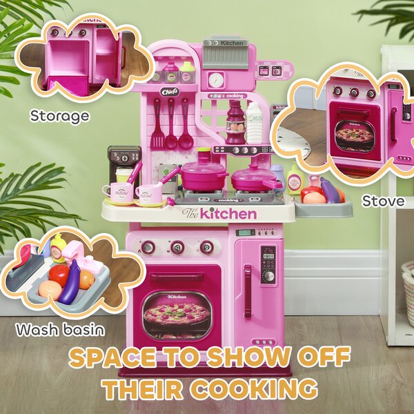 AIYAPLAY Kids Kitchen with 33 Piece Accessories, Lights, Sounds, Storage, for Children 3-6 Years, Pink Aosom UK