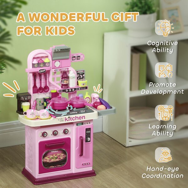 AIYAPLAY Kids Kitchen with 33 Piece Accessories, Lights, Sounds, Storage, for Children 3-6 Years, Pink Aosom UK