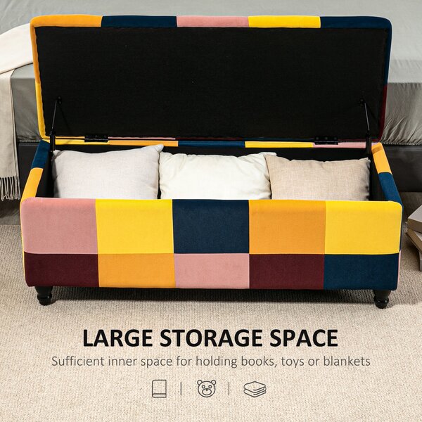 HOMCOM 114 x 47 x 47cm Velvet Storage Ottoman, Button-tufted Footstool Box, Toy Chest with Lid for Living Room, Bedroom, Multicoloured Aosom UK