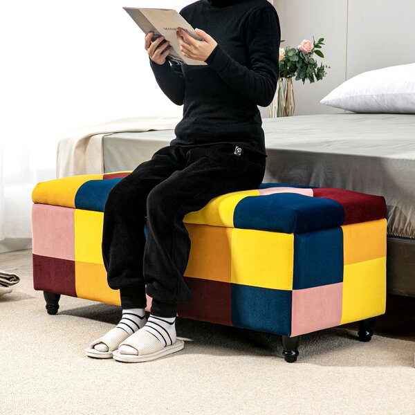 HOMCOM 114 x 47 x 47cm Velvet Storage Ottoman, Button-tufted Footstool Box, Toy Chest with Lid for Living Room, Bedroom, Multicoloured Aosom UK