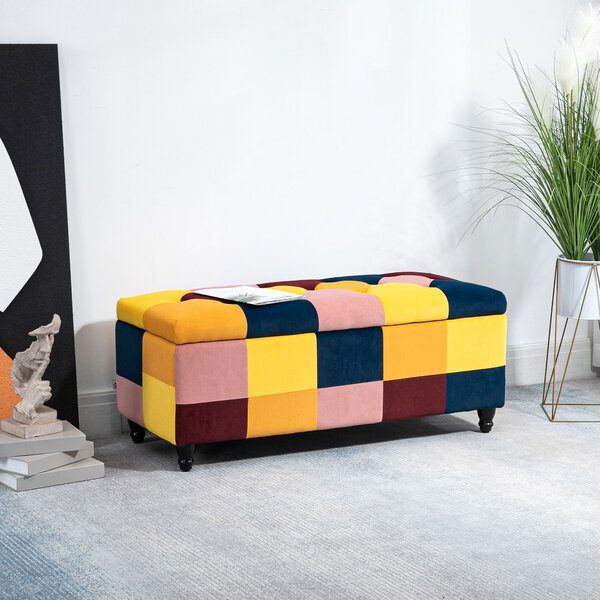 HOMCOM 114 x 47 x 47cm Velvet Storage Ottoman, Button-tufted Footstool Box, Toy Chest with Lid for Living Room, Bedroom, Multicoloured Aosom UK