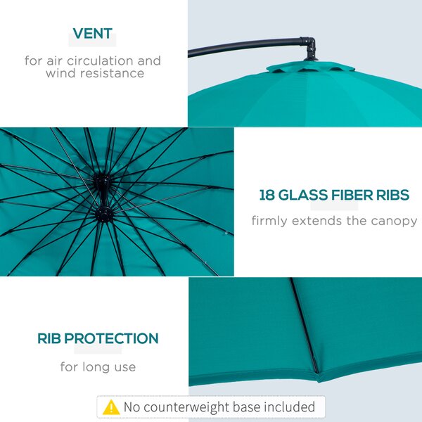 Outsunny Waterproof 3(m) Cantilever Shanghai Parasol Garden Hanging Banana Sun Umbrella w/ Crank Handle, 18 Sturdy Ribs & Cross Base Aosom UK