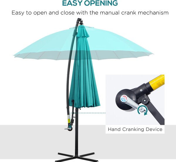 Outsunny Waterproof 3(m) Cantilever Shanghai Parasol Garden Hanging Banana Sun Umbrella w/ Crank Handle, 18 Sturdy Ribs & Cross Base Aosom UK