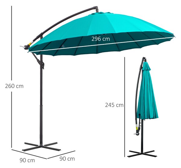 Outsunny Waterproof 3(m) Cantilever Shanghai Parasol Garden Hanging Banana Sun Umbrella w/ Crank Handle, 18 Sturdy Ribs & Cross Base Aosom UK