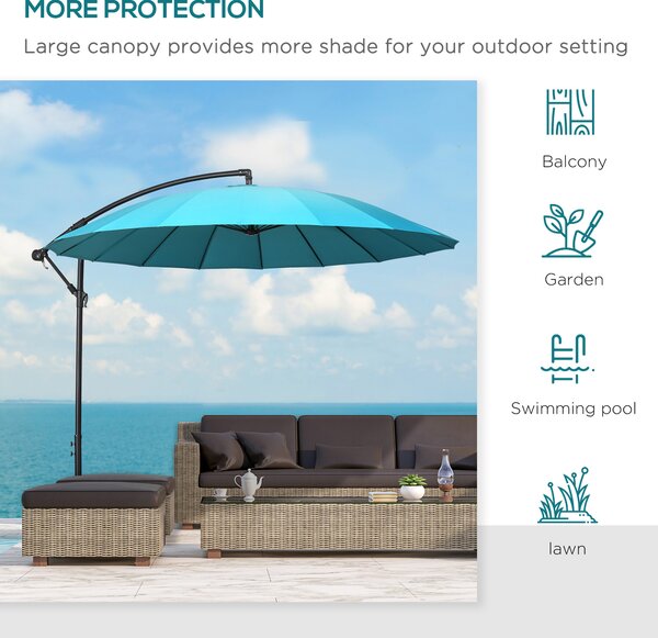 Outsunny Waterproof 3(m) Cantilever Shanghai Parasol Garden Hanging Banana Sun Umbrella w/ Crank Handle, 18 Sturdy Ribs & Cross Base Aosom UK