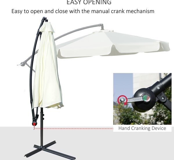 Outsunny Cantilever Umbrella, 2.7m Banana Parasol with Crank Handle and Cross Base, Outdoor Hanging Sun Shade, Cream White