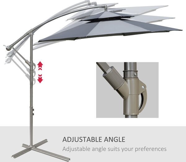 Outsunny 2.7m Garden Banana Parasol Cantilever Umbrella with Crank Handle, Double Tier Canopy and Cross Base, Hanging Sun Shade, Grey Aosom UK