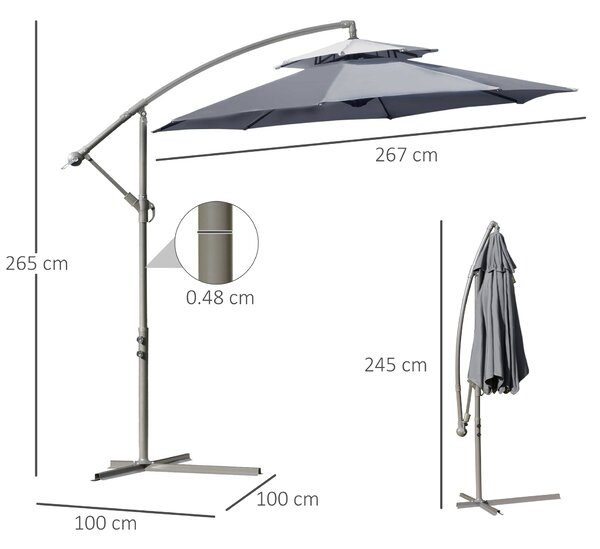 Outsunny 2.7m Garden Banana Parasol Cantilever Umbrella with Crank Handle, Double Tier Canopy and Cross Base, Hanging Sun Shade, Grey Aosom UK