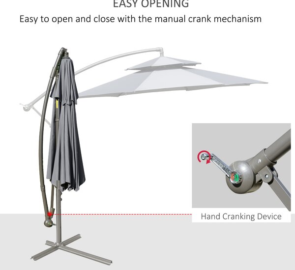 Outsunny 2.7m Garden Banana Parasol Cantilever Umbrella with Crank Handle, Double Tier Canopy and Cross Base, Hanging Sun Shade, Grey Aosom UK
