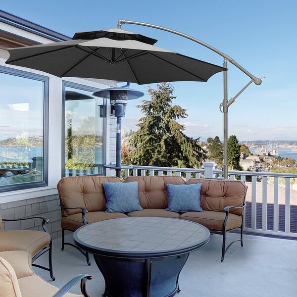 Outsunny 2.7m Garden Banana Parasol Cantilever Umbrella with Crank Handle, Double Tier Canopy and Cross Base, Hanging Sun Shade, Grey Aosom UK