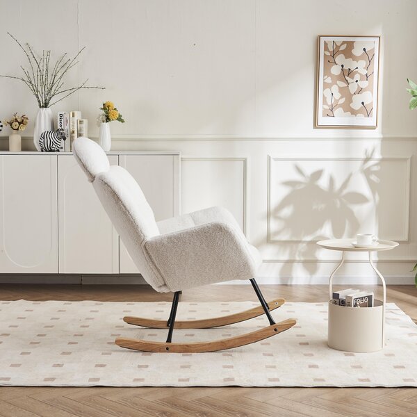 Teddy Fabric Rocking Chair with Tufted Upholstery, Padded Seat, Ergonomic Backrest, Ideal for Bedroom, Hallway, 102L x 70W x 105H cm, White Aosom.UK