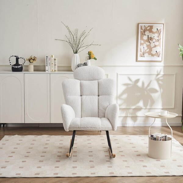 Teddy Fabric Rocking Chair with Tufted Upholstery, Padded Seat, Ergonomic Backrest, Ideal for Bedroom, Hallway, 102L x 70W x 105H cm, White Aosom.UK