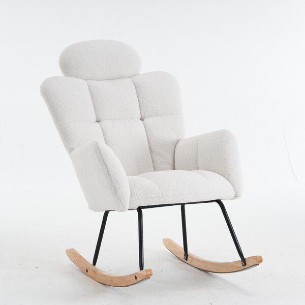 Teddy Fabric Rocking Chair with Tufted Upholstery, Padded Seat, Ergonomic Backrest, Ideal for Bedroom, Hallway, 102L x 70W x 105H cm, White Aosom.UK