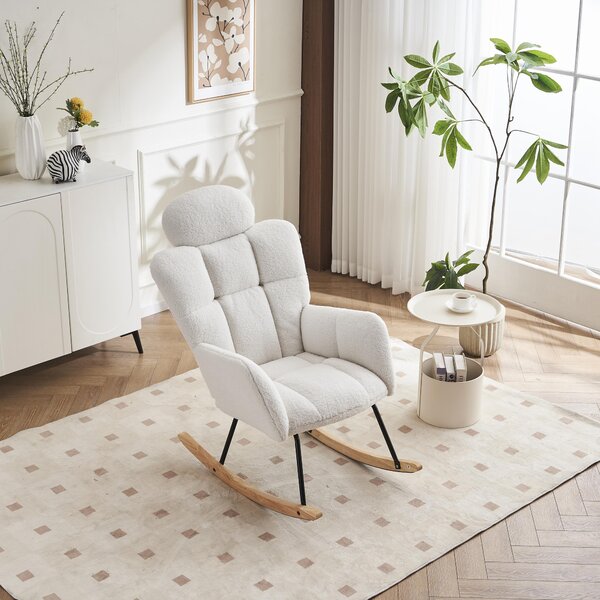 Teddy Fabric Rocking Chair with Tufted Upholstery, Padded Seat, Ergonomic Backrest, Ideal for Bedroom, Hallway, 102L x 70W x 105H cm, White Aosom.UK