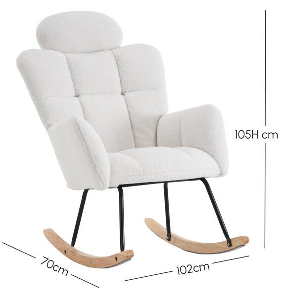 Teddy Fabric Rocking Chair with Tufted Upholstery, Padded Seat, Ergonomic Backrest, Ideal for Bedroom, Hallway, 102L x 70W x 105H cm, White Aosom.UK
