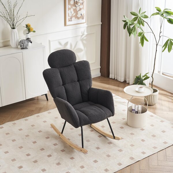 Teddy Fabric Accent Chair with Tufted Seat, Painted Metal Base, Rocking Chair with Headrest and Backrest, 102L x 70W x 105H cm, Dark Grey Aosom.UK