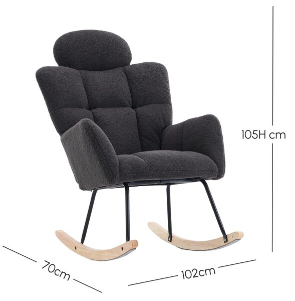 Teddy Fabric Accent Chair with Tufted Seat, Painted Metal Base, Rocking Chair with Headrest and Backrest, 102L x 70W x 105H cm, Dark Grey Aosom.UK