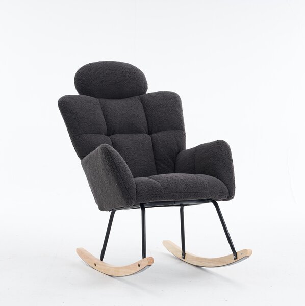 Teddy Fabric Accent Chair with Tufted Seat, Painted Metal Base, Rocking Chair with Headrest and Backrest, 102L x 70W x 105H cm, Dark Grey Aosom.UK
