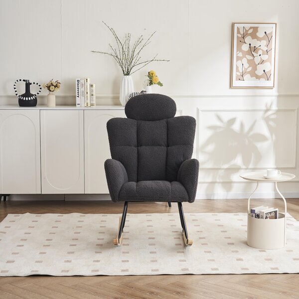 Teddy Fabric Accent Chair with Tufted Seat, Painted Metal Base, Rocking Chair with Headrest and Backrest, 102L x 70W x 105H cm, Dark Grey Aosom.UK