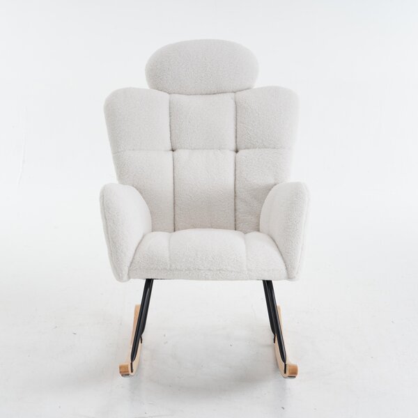 Teddy Fabric Rocking Chair with Tufted Upholstery, Padded Seat, Ergonomic Backrest, Ideal for Bedroom, Hallway, 102L x 70W x 105H cm, White Aosom.UK