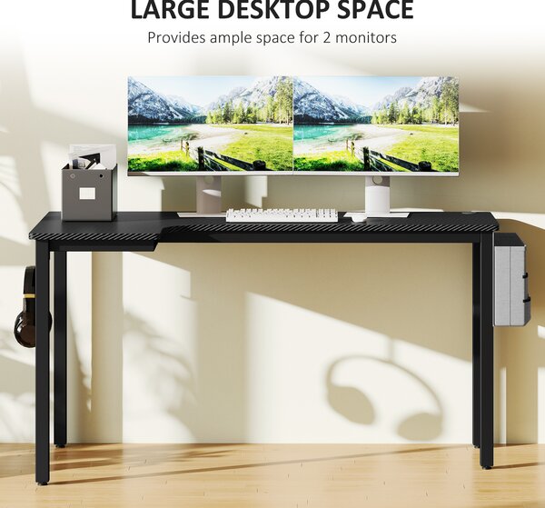 HOMCOM L-Shaped Computer Gaming Desk with Fabric Bag, Hooks and Cable Management, 145 x 81 x 76cm - Black