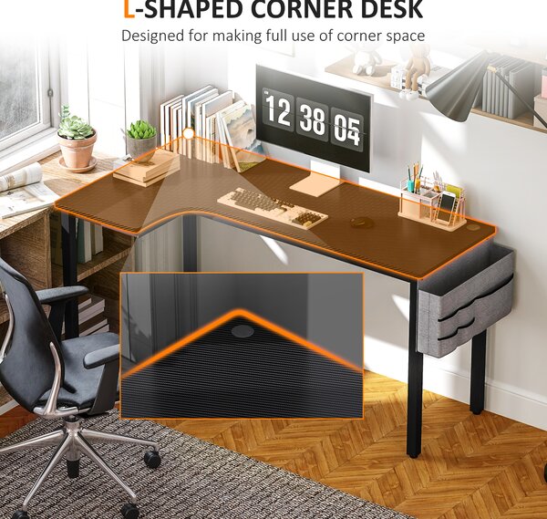 HOMCOM L-Shaped Computer Gaming Desk with Fabric Bag, Hooks and Cable Management, 145 x 81 x 76cm - Black