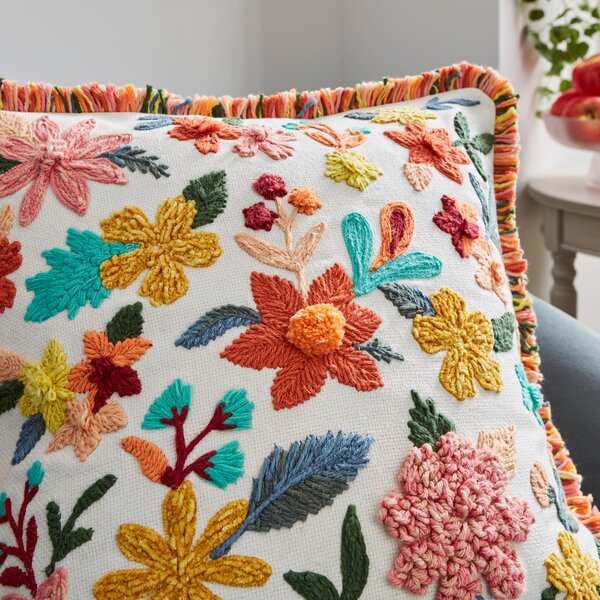 Embroidered Floral Chenille Square Cushion