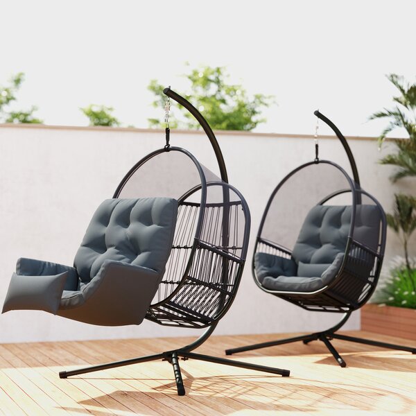 Outsunny Hanging Egg Chair Outdoor Indoor, Swing Hammock Chair with Stand, Cushions, Lumbar Pillow, Adjustable Height and Steel Frame for Garden Patio Lounge Porch, Dark Grey